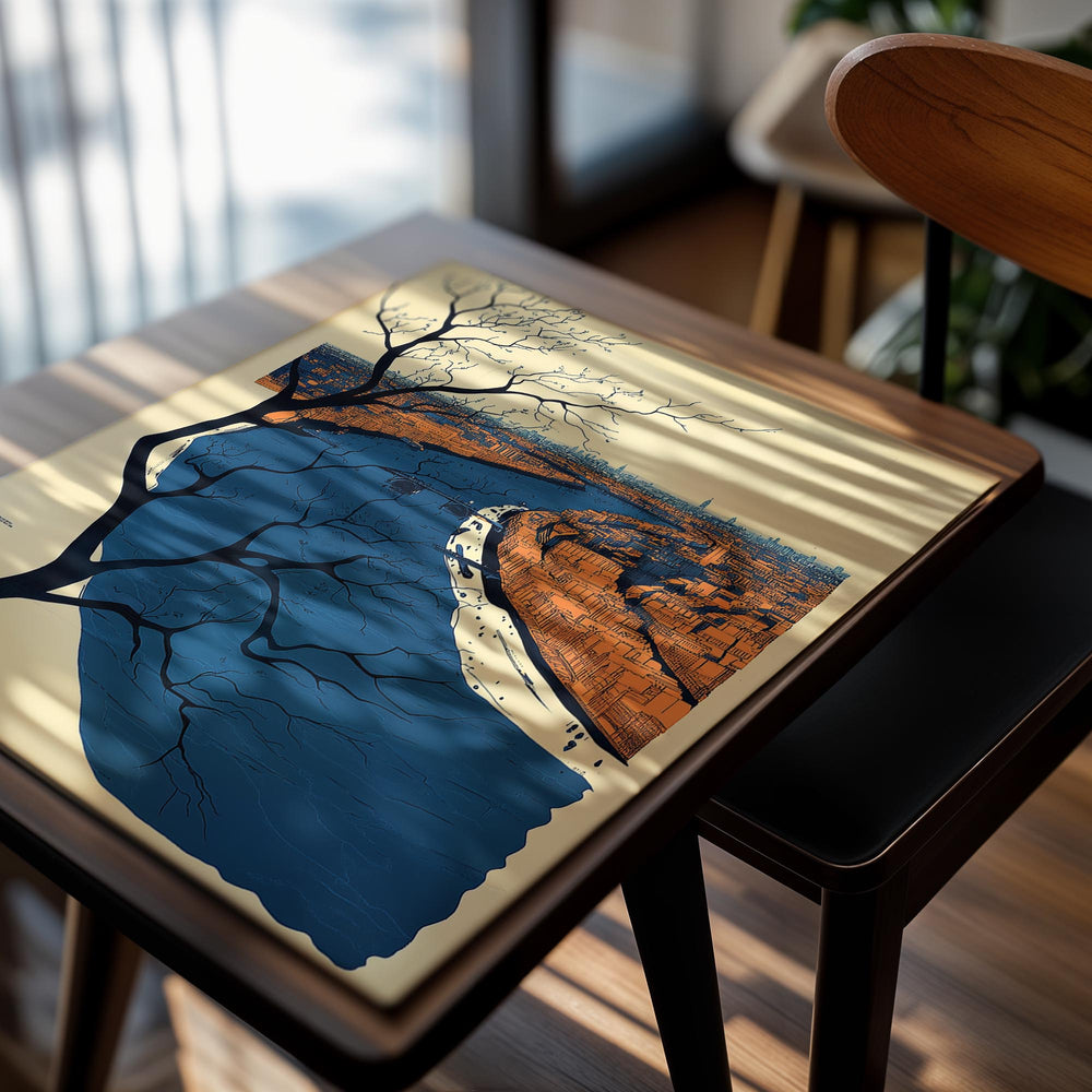 Artistic depiction of a river with a tree on the left and cityscape on the right, on a beige background, as a premium aluminum metal print from GoMetalPrint.
