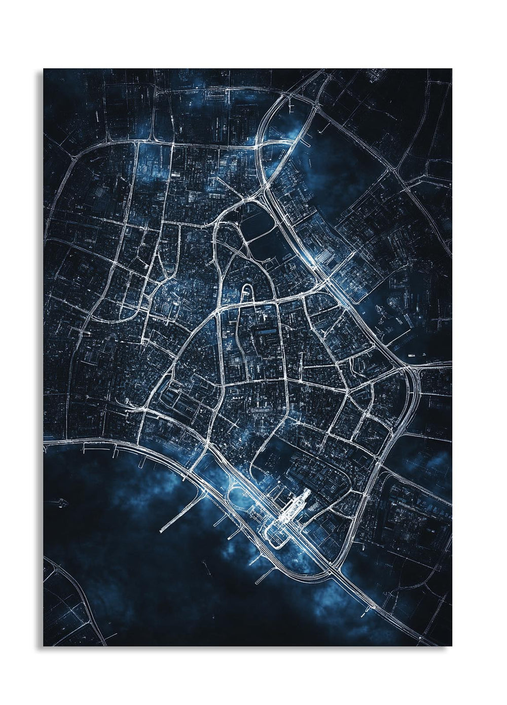 City map with a blue and black color scheme on a white background, as a premium aluminum metal print from GoMetalPrint.
