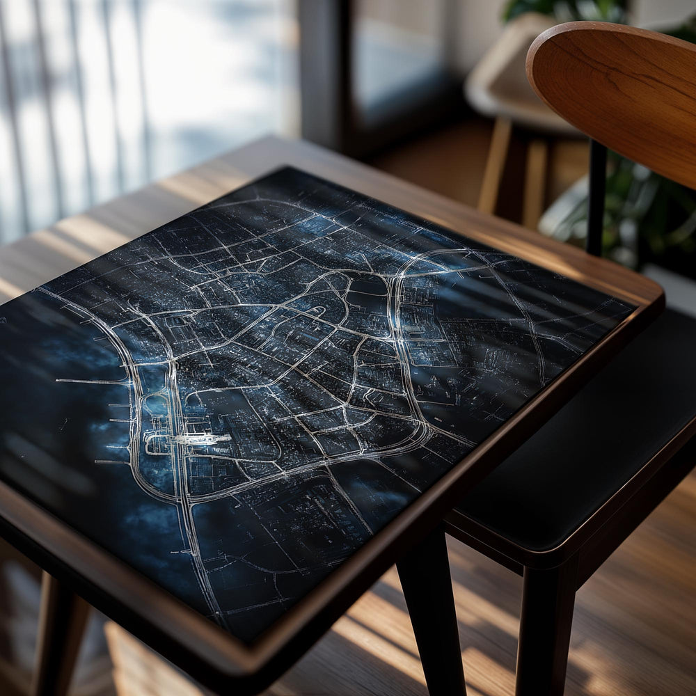 City map with a blue and black color scheme on a white background, as a premium aluminum metal print from GoMetalPrint.
