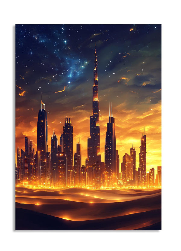 Futuristic cityscape with tall buildings under a starry sky, as a premium aluminum metal print from GoMetalPrint.
