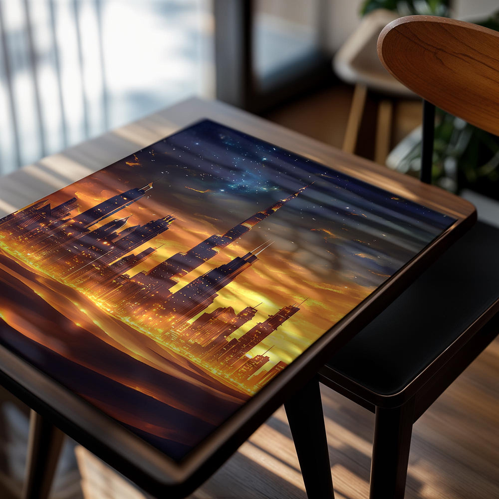 Futuristic cityscape with tall buildings under a starry sky, as a premium aluminum metal print from GoMetalPrint.
