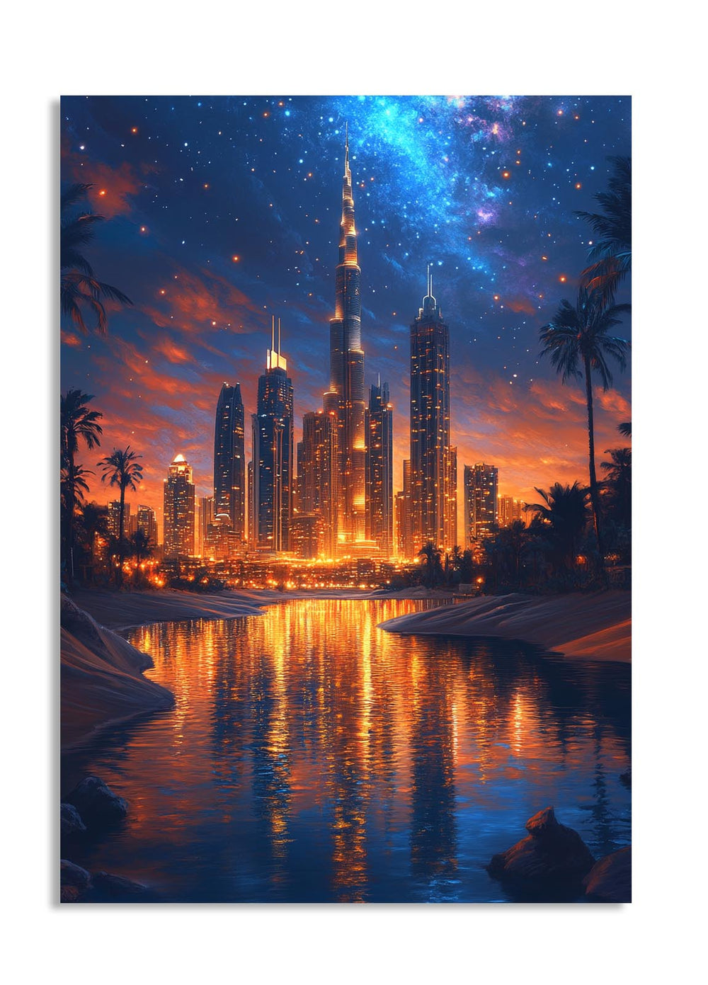 City skyline with illuminated buildings reflected in water at night, as a premium aluminum metal print from GoMetalPrint.
