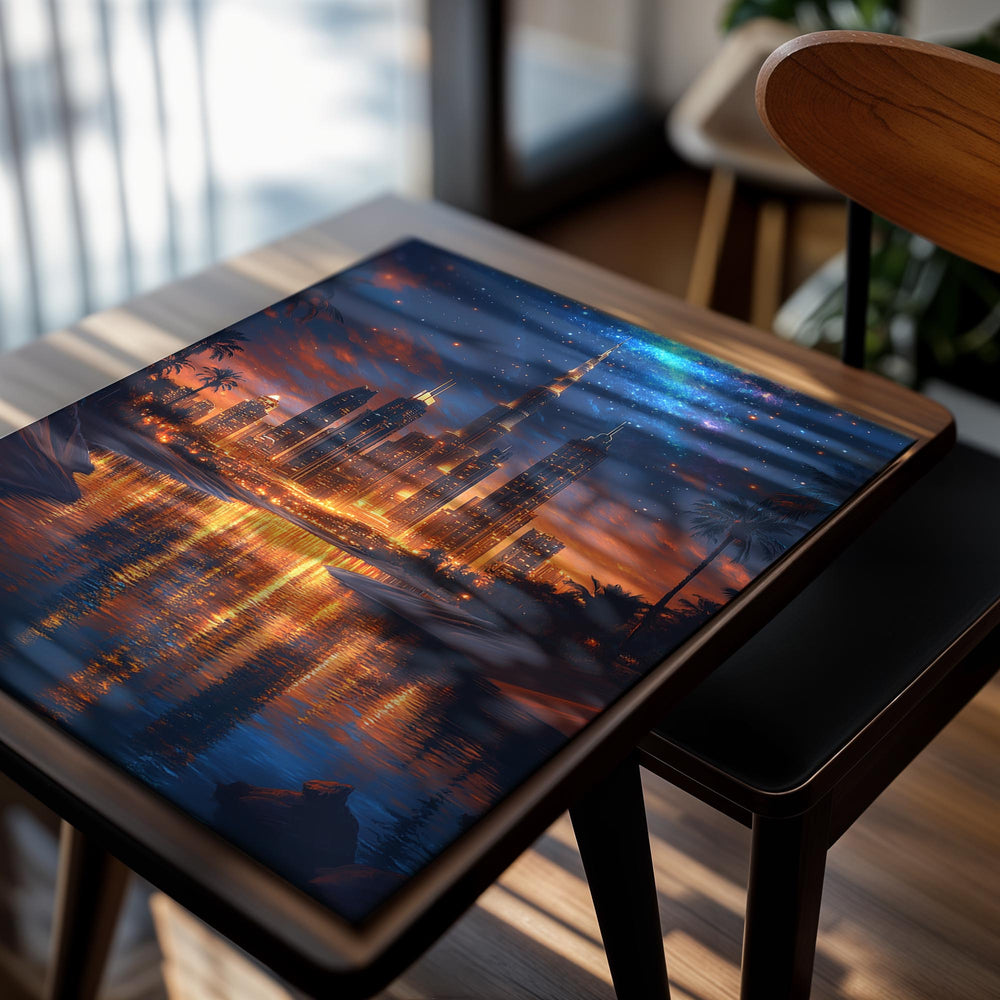 City skyline with illuminated buildings reflected in water at night, as a premium aluminum metal print from GoMetalPrint.
