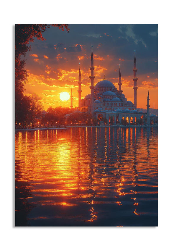 Sunset over a mosque with its reflection in water, as a premium aluminum metal print from GoMetalPrint.
