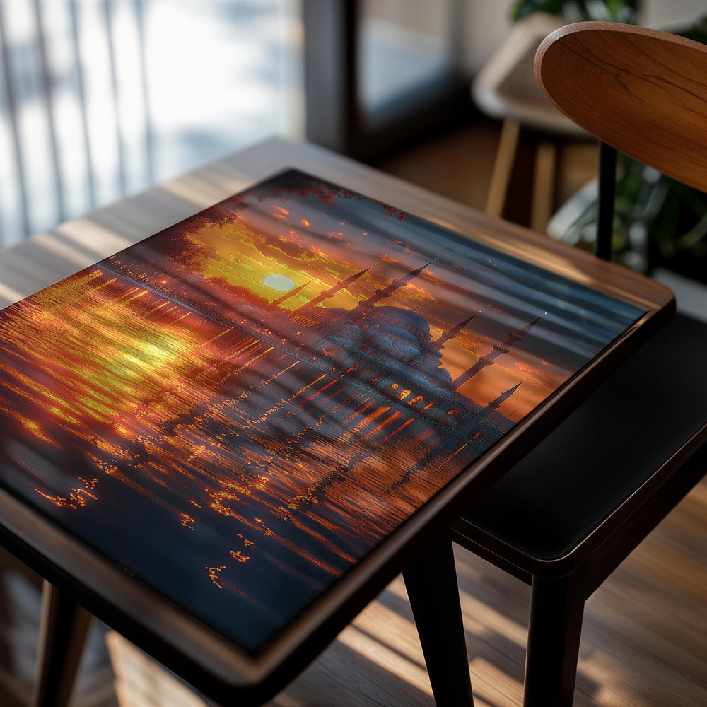 Sunset over a mosque with its reflection in water, as a premium aluminum metal print from GoMetalPrint.
