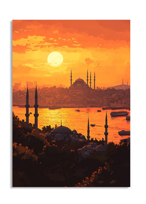 Sunset over a cityscape with prominent buildings and water, as a premium aluminum metal print from GoMetalPrint.
