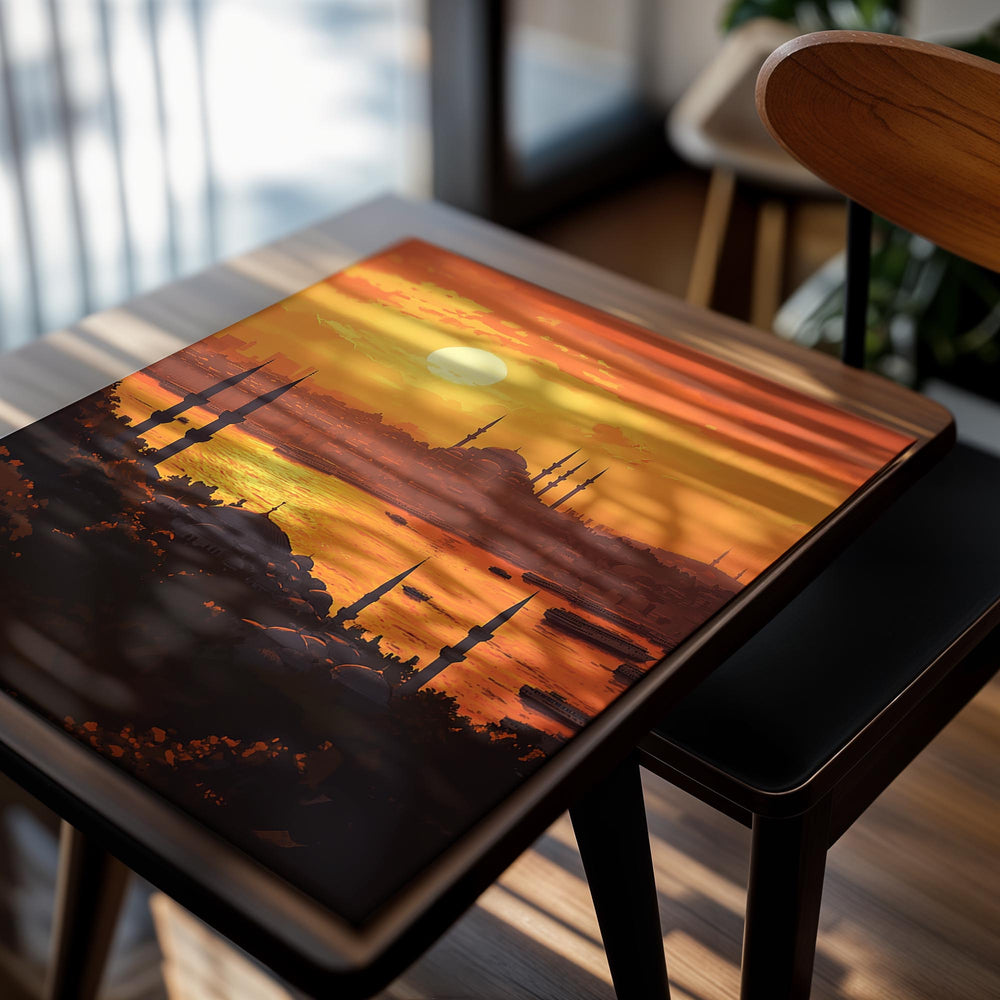 Sunset over a cityscape with prominent buildings and water, as a premium aluminum metal print from GoMetalPrint.
