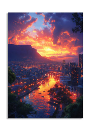 Cityscape at sunset with vibrant sky and illuminated streets, as a premium aluminum metal print from GoMetalPrint.
