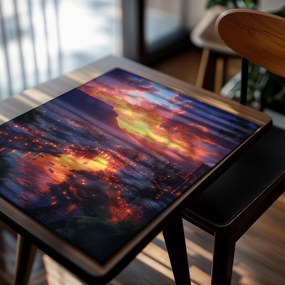 Cityscape at sunset with vibrant sky and illuminated streets, as a premium aluminum metal print from GoMetalPrint.
