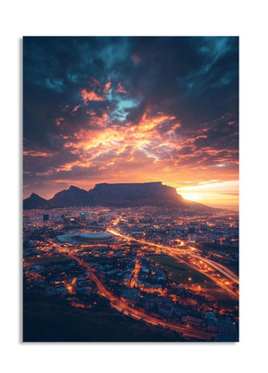 Cityscape at sunset with Table Mountain in the background, as a premium aluminum metal print from GoMetalPrint.
