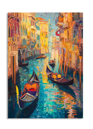 Colorful painting of a canal scene with gondolas and buildings, as a premium aluminum metal print from GoMetalPrint.
