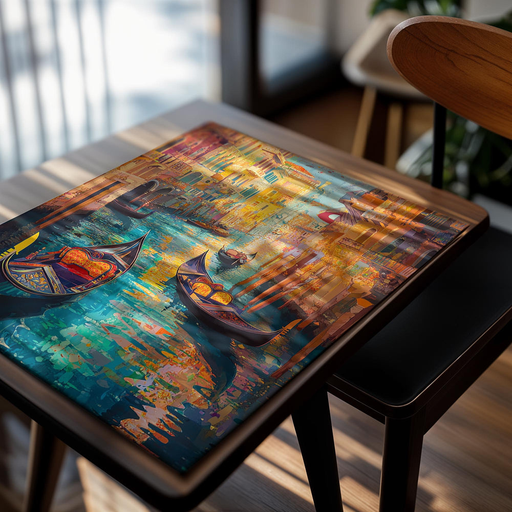 Colorful painting of a canal scene with gondolas and buildings, as a premium aluminum metal print from GoMetalPrint.
