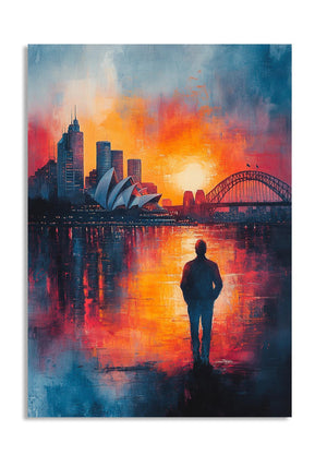 Artistic depiction of a city skyline with a silhouette of a person standing on a reflective surface, as a premium aluminum metal print from GoMetalPrint.
