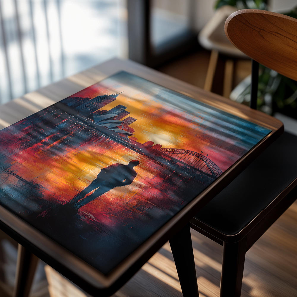 Artistic depiction of a city skyline with a silhouette of a person standing on a reflective surface, as a premium aluminum metal print from GoMetalPrint.
