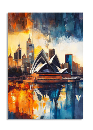 Colorful abstract painting of the Sydney Opera House and city skyline, as a premium aluminum metal print from GoMetalPrint.
