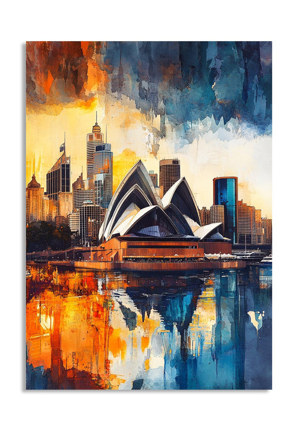 Colorful abstract painting of the Sydney Opera House and city skyline, as a premium aluminum metal print from GoMetalPrint.
