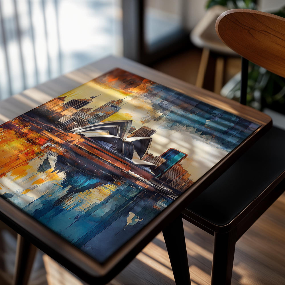 Colorful abstract painting of the Sydney Opera House and city skyline, as a premium aluminum metal print from GoMetalPrint.
