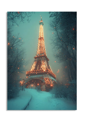 Eiffel Tower illuminated at night with snow around, surrounded by trees, as a premium aluminum metal print from GoMetalPrint.
