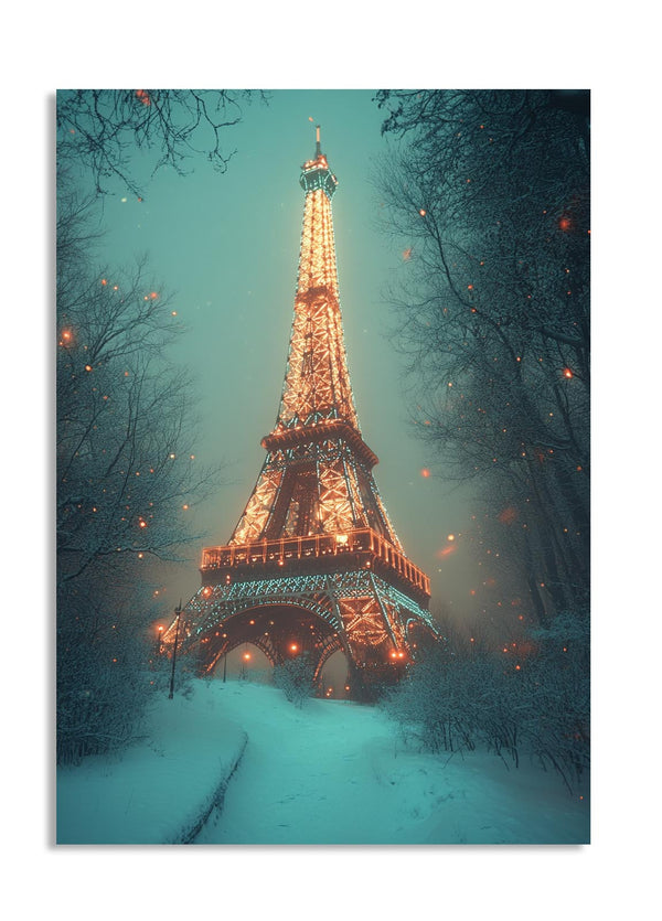 Eiffel Tower illuminated at night with snow around, surrounded by trees, as a premium aluminum metal print from GoMetalPrint.
