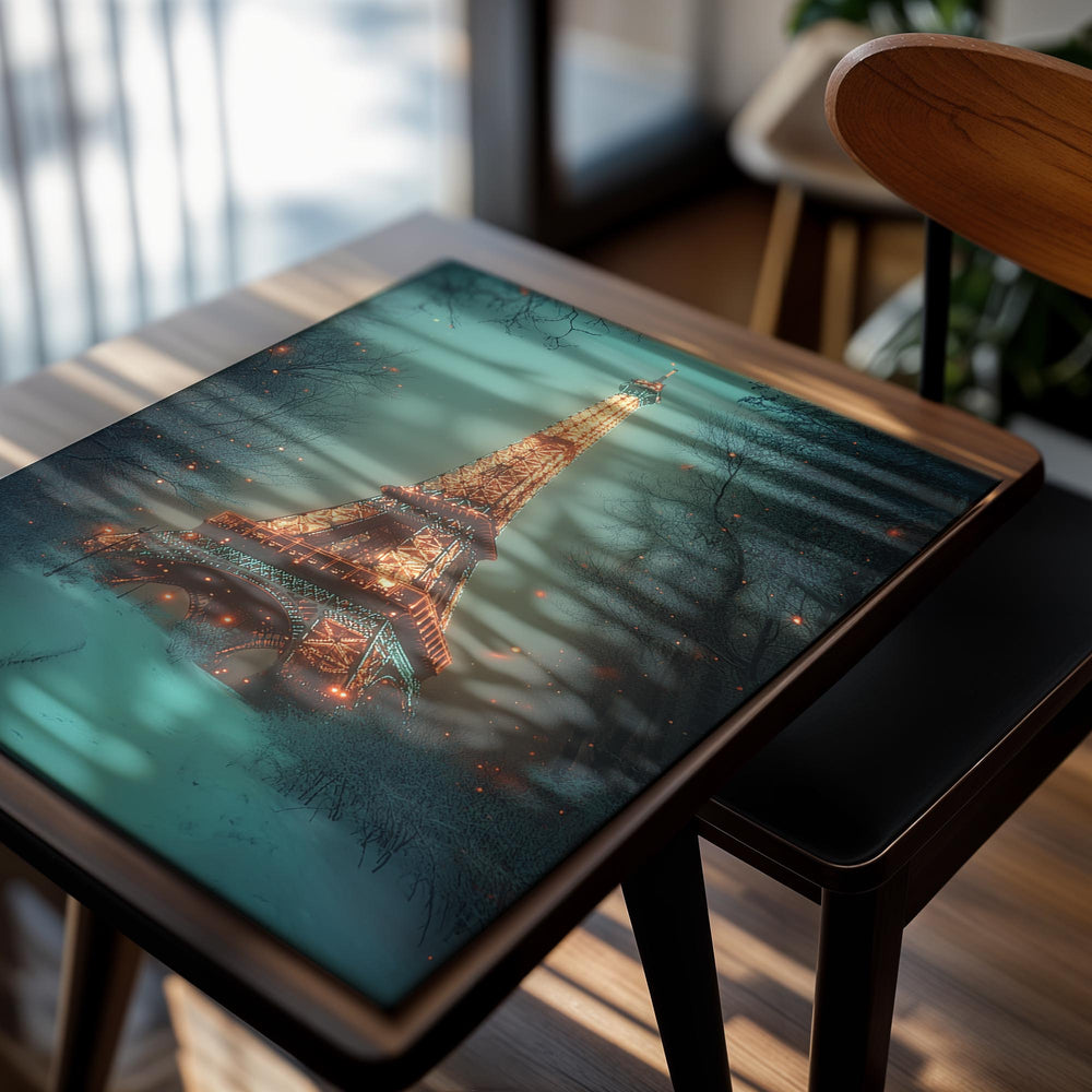 Eiffel Tower illuminated at night with snow around, surrounded by trees, as a premium aluminum metal print from GoMetalPrint.
