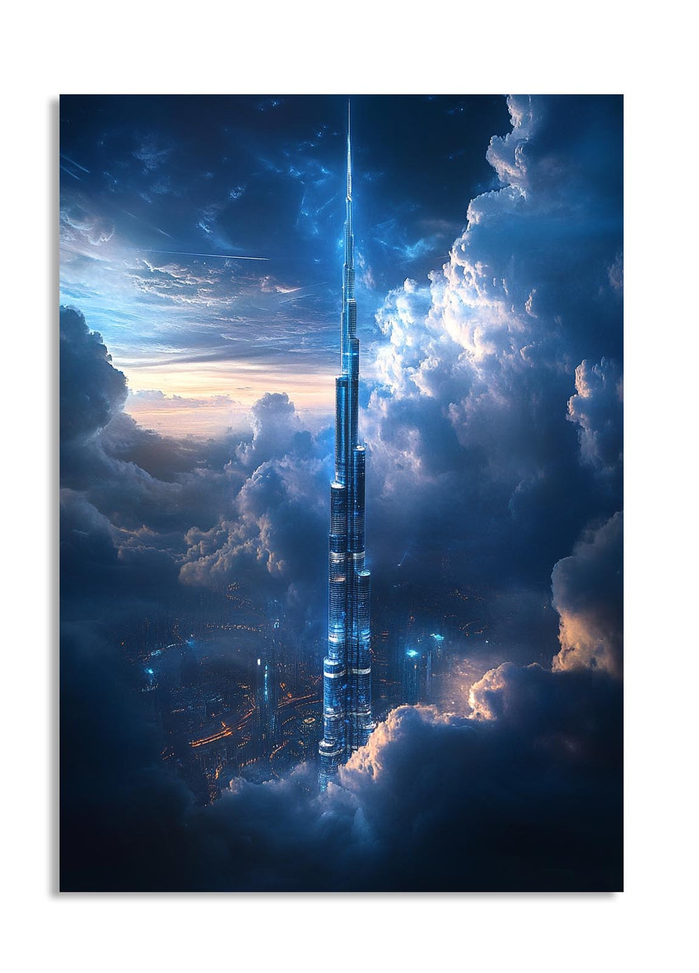 Tall building piercing through clouds at sunset, as a premium aluminum metal print from GoMetalPrint.
