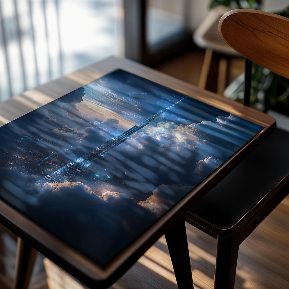 Tall building piercing through clouds at sunset, as a premium aluminum metal print from GoMetalPrint.
