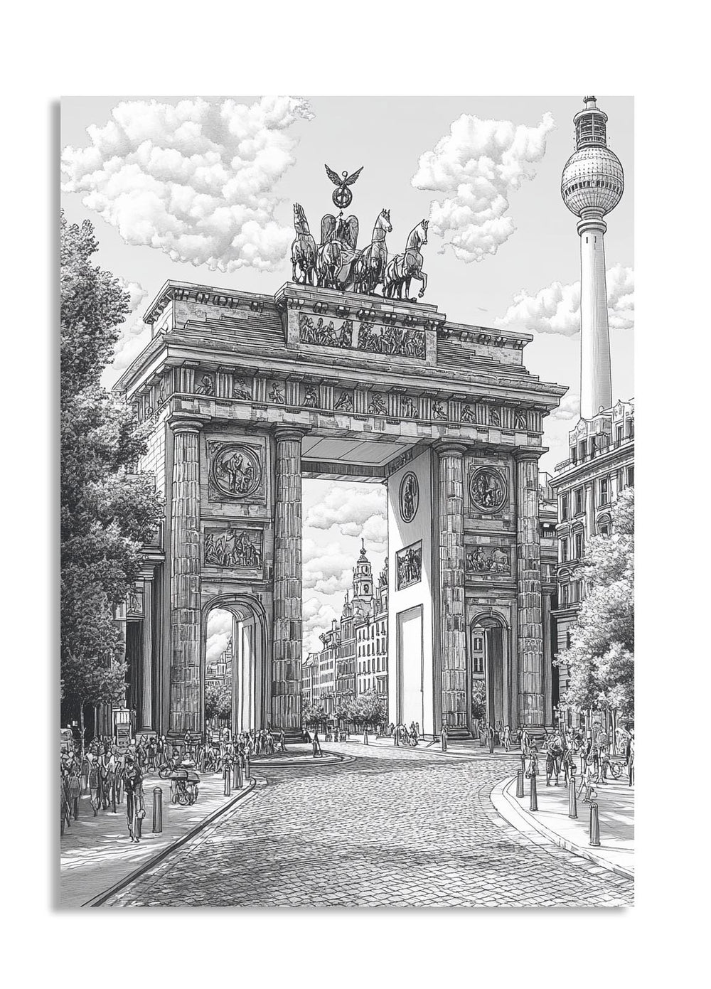 Black and white illustration of the Brandenburg Gate with the Berlin TV Tower in the background, as a premium aluminum metal print from GoMetalPrint.
