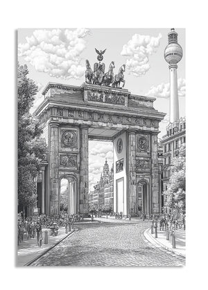 Black and white illustration of the Brandenburg Gate with the Berlin TV Tower in the background, as a premium aluminum metal print from GoMetalPrint.
