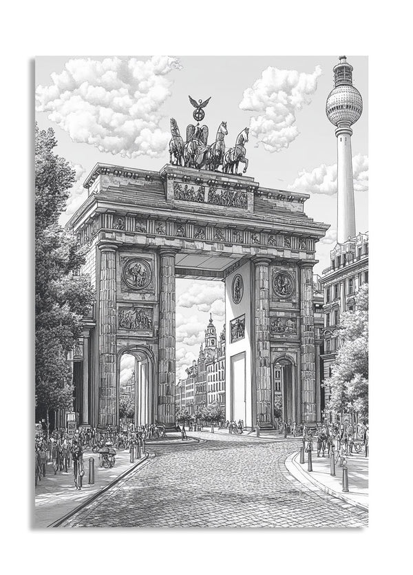 Black and white illustration of the Brandenburg Gate with the Berlin TV Tower in the background, as a premium aluminum metal print from GoMetalPrint.
