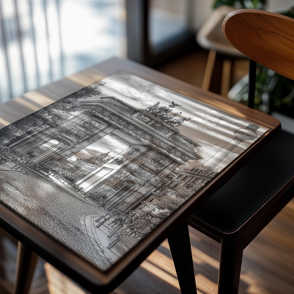 Black and white illustration of the Brandenburg Gate with the Berlin TV Tower in the background, as a premium aluminum metal print from GoMetalPrint.
