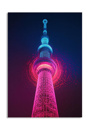 Colorful Tokyo Skytree against a dark blue sky, as a premium aluminum metal print from GoMetalPrint.
