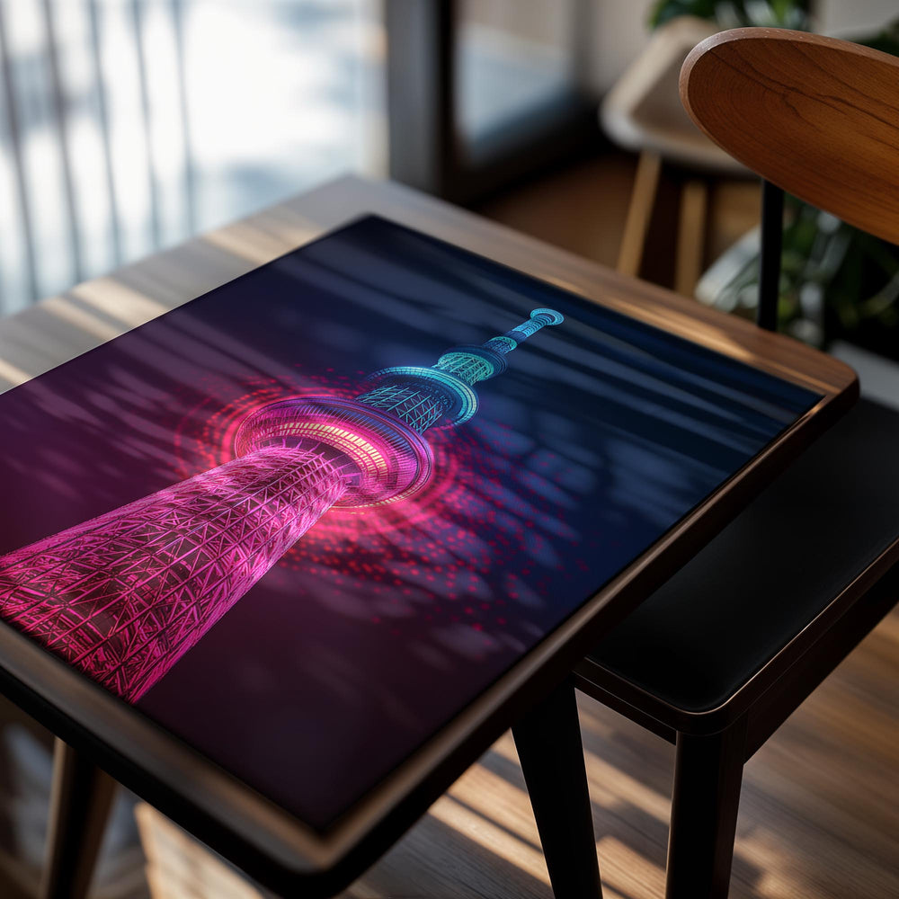 Colorful Tokyo Skytree against a dark blue sky, as a premium aluminum metal print from GoMetalPrint.
