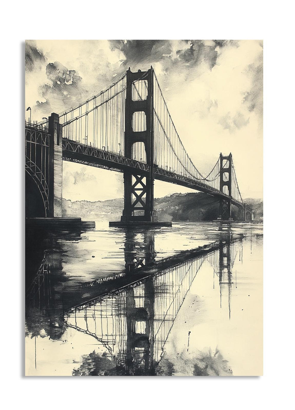 Artistic depiction of a suspension bridge reflected in water with a cloudy sky, as a premium aluminum metal print from GoMetalPrint.
