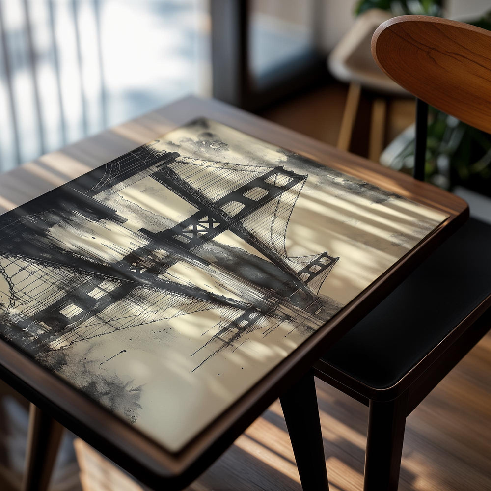 Artistic depiction of a suspension bridge reflected in water with a cloudy sky, as a premium aluminum metal print from GoMetalPrint.
