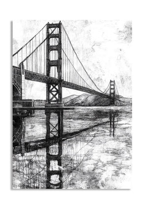 Black and white drawing of the Golden Gate Bridge reflected in water, as a premium aluminum metal print from GoMetalPrint.
