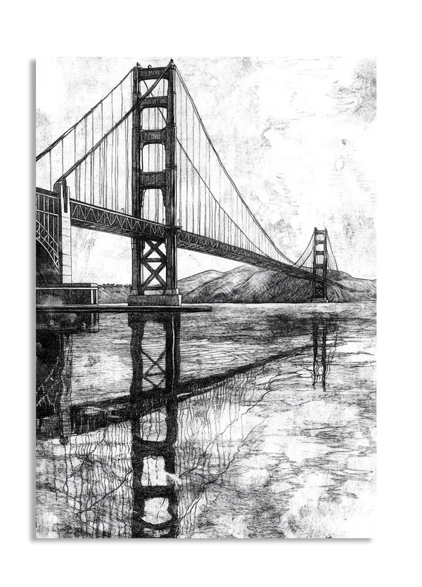 Black and white drawing of the Golden Gate Bridge reflected in water, as a premium aluminum metal print from GoMetalPrint.
