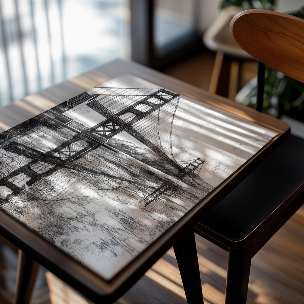 Black and white drawing of the Golden Gate Bridge reflected in water, as a premium aluminum metal print from GoMetalPrint.
