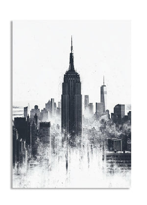 Black and white cityscape print featuring prominent buildings, as a premium aluminum metal print from GoMetalPrint.
