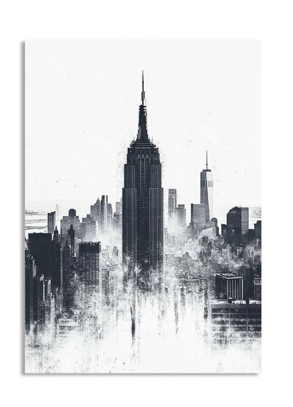 Black and white cityscape print featuring prominent buildings, as a premium aluminum metal print from GoMetalPrint.
