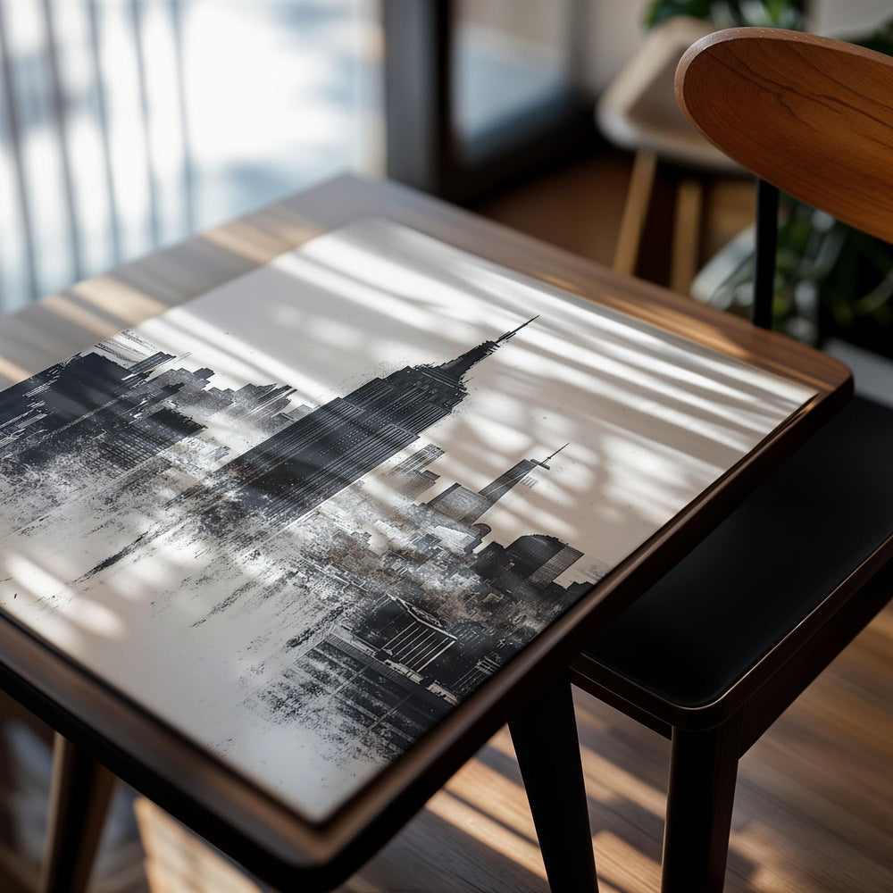 Black and white cityscape print featuring prominent buildings, as a premium aluminum metal print from GoMetalPrint.
