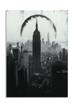 Black and white cityscape with a prominent building, possibly the Empire State Building, in the foreground, as a premium aluminum metal print from GoMetalPrint.
