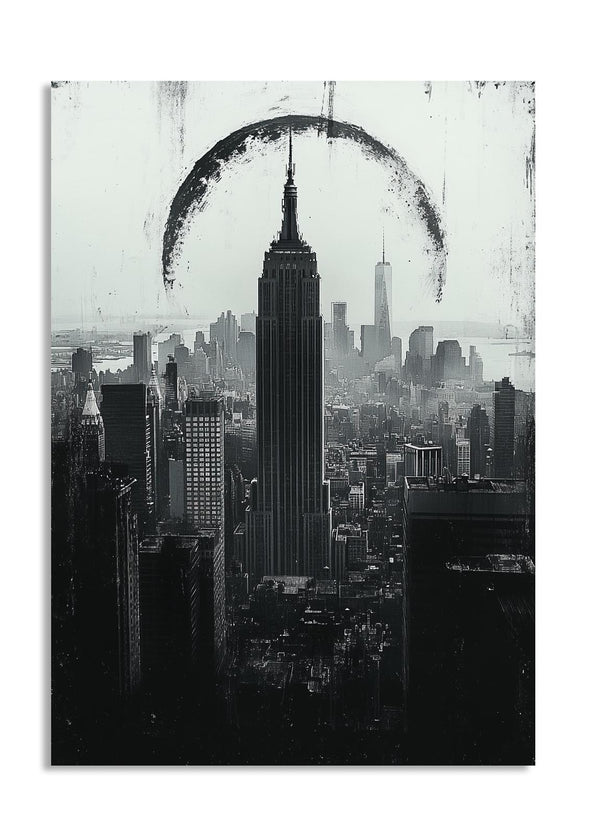 Black and white cityscape with a prominent building, possibly the Empire State Building, in the foreground, as a premium aluminum metal print from GoMetalPrint.
