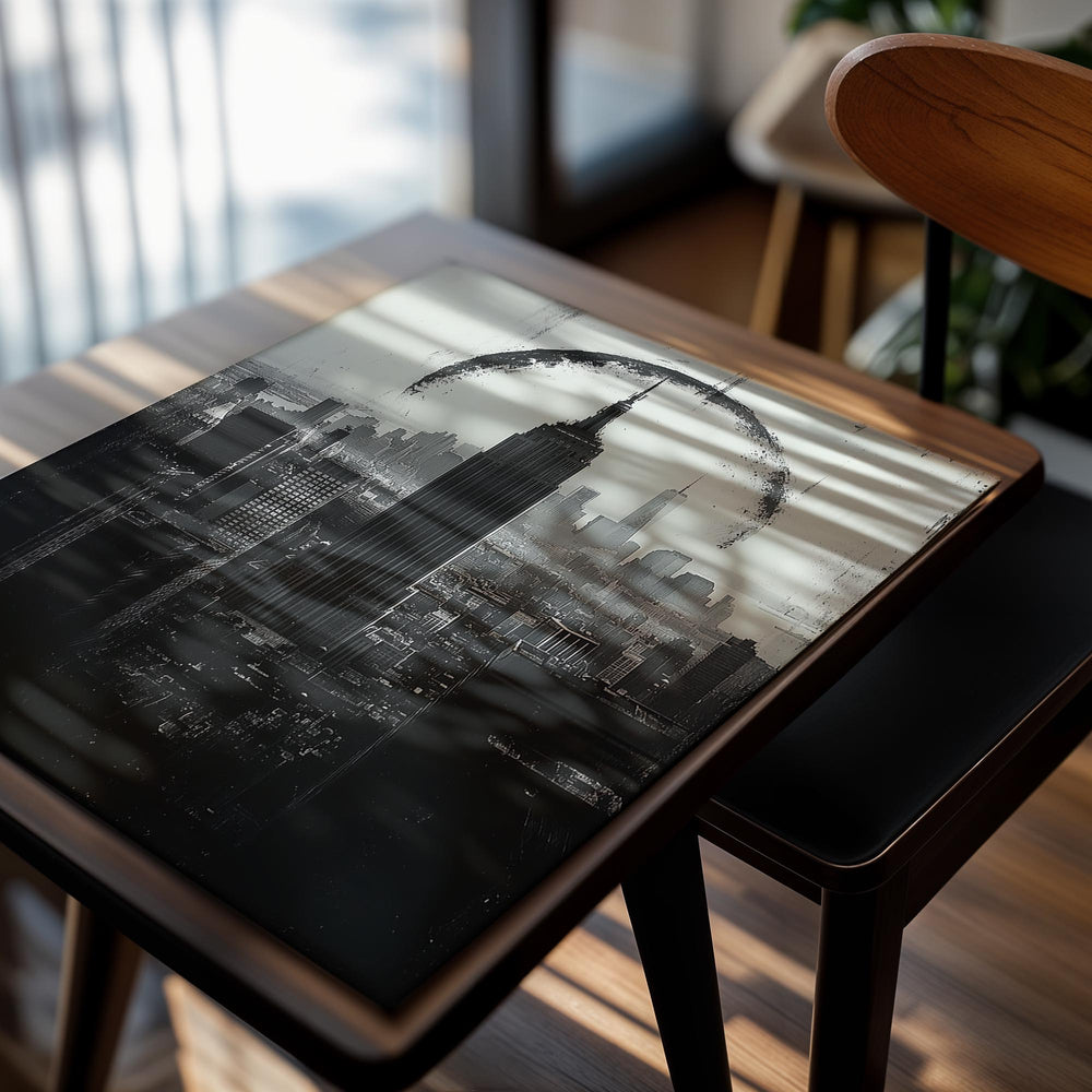 Black and white cityscape with a prominent building, possibly the Empire State Building, in the foreground, as a premium aluminum metal print from GoMetalPrint.
