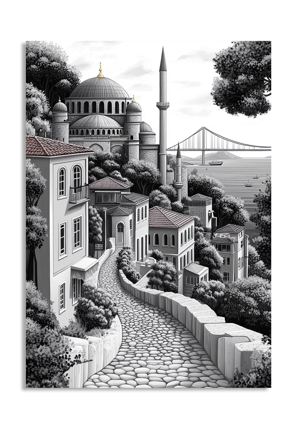 Black and white illustration of a cityscape with a mosque and bridge, as a premium aluminum metal print from GoMetalPrint.

