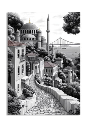 Black and white illustration of a cityscape with a mosque and bridge, as a premium aluminum metal print from GoMetalPrint.
