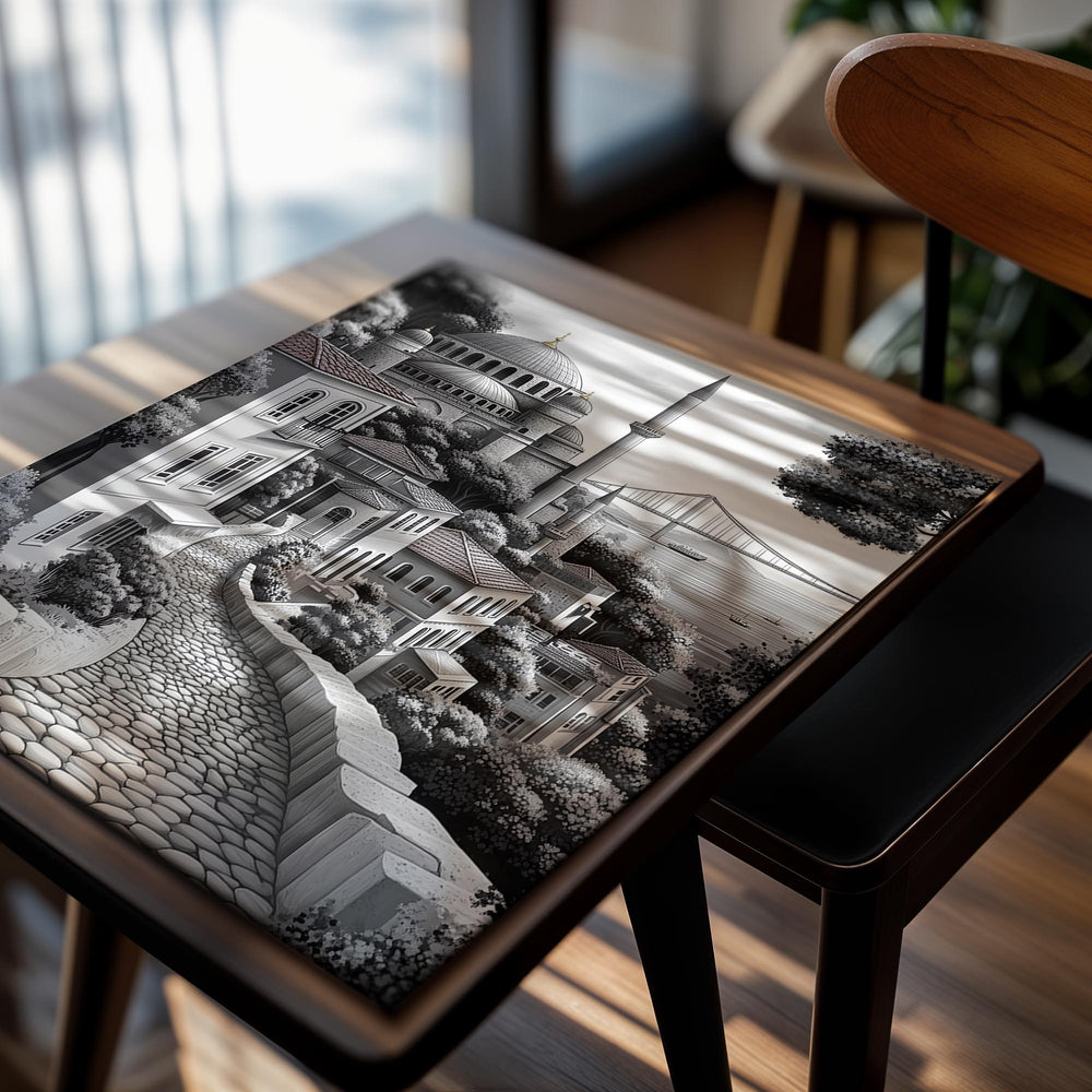 Black and white illustration of a cityscape with a mosque and bridge, as a premium aluminum metal print from GoMetalPrint.

