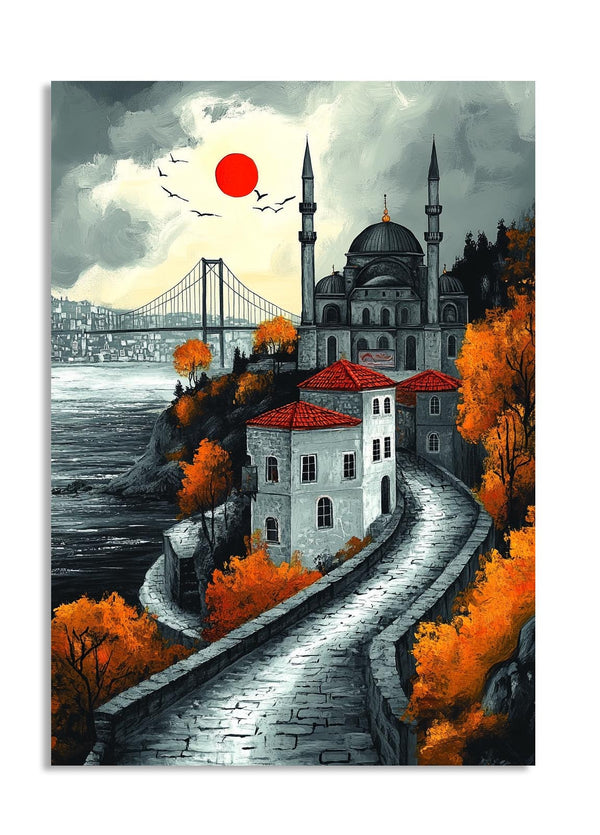 Painting of a mosque with red domes and minarets, surrounded by autumn trees and a bridge in the background, as a premium aluminum metal print from GoMetalPrint.
