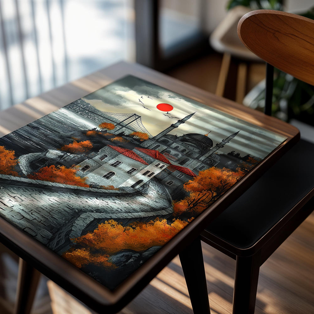 Painting of a mosque with red domes and minarets, surrounded by autumn trees and a bridge in the background, as a premium aluminum metal print from GoMetalPrint.
