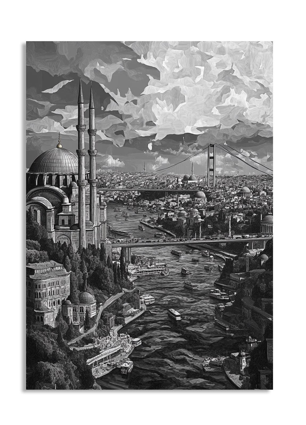 Black and white cityscape with a prominent tower and bridge over water, as a premium aluminum metal print from GoMetalPrint.
