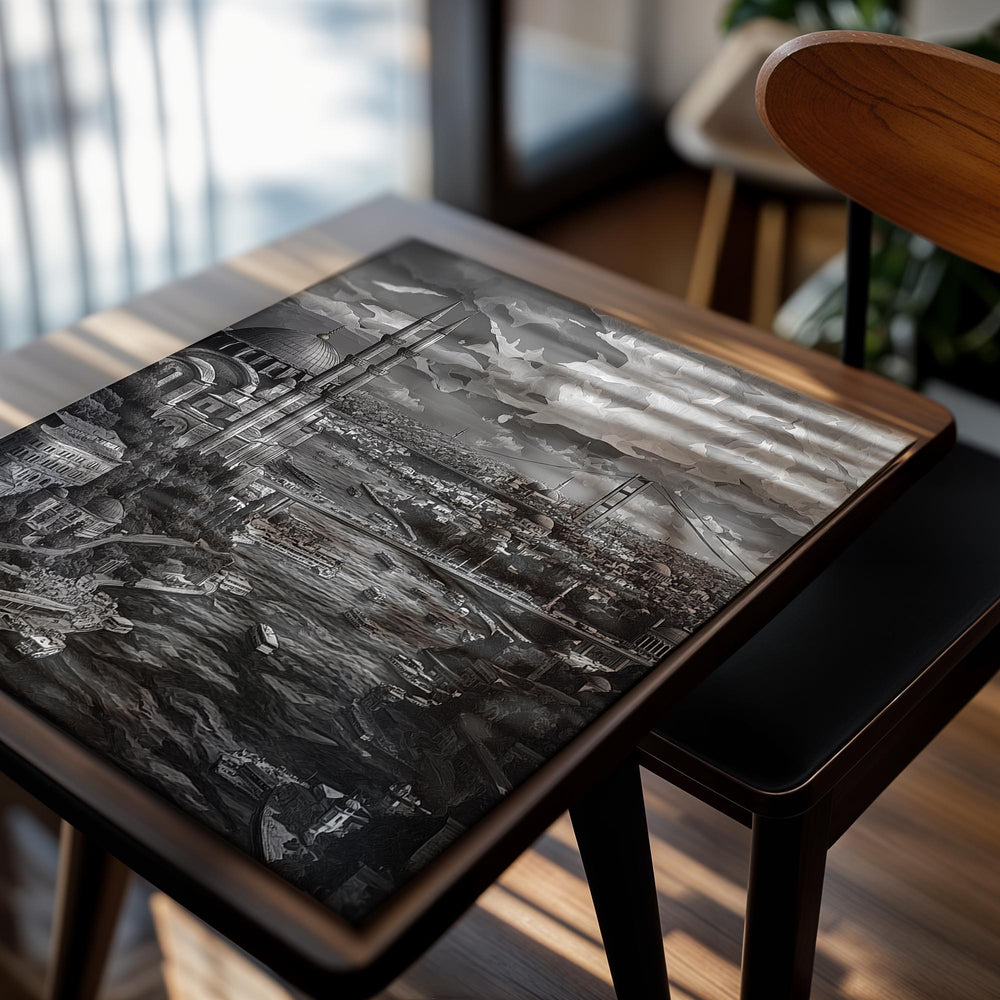 Black and white cityscape with a prominent tower and bridge over water, as a premium aluminum metal print from GoMetalPrint.
